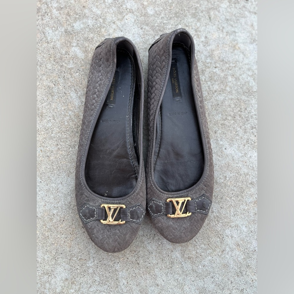 Louis Vuitton Grey Woven Suede Leather Logo Ballet Flats